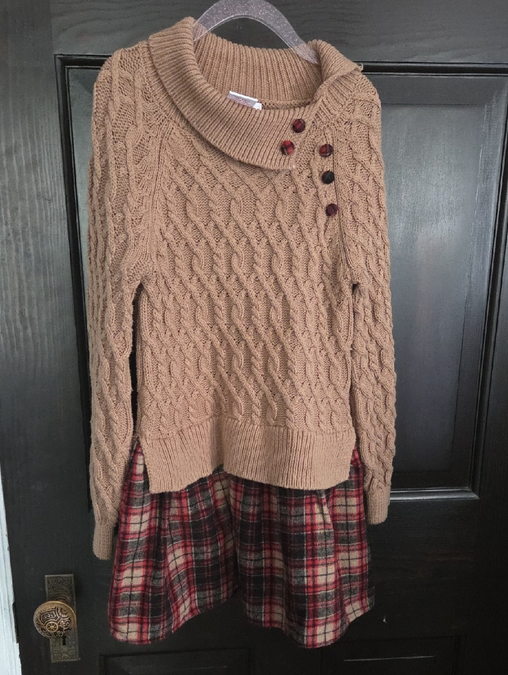 Tommy Bahama Cable Knit Cowlneck Sweater Dress in Camel with Button Detail